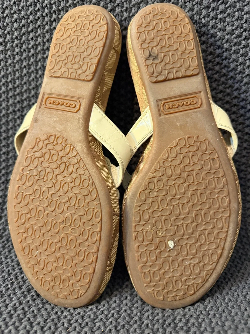 Coach Beige Signature Floral Thong Sandals with Gold Accent